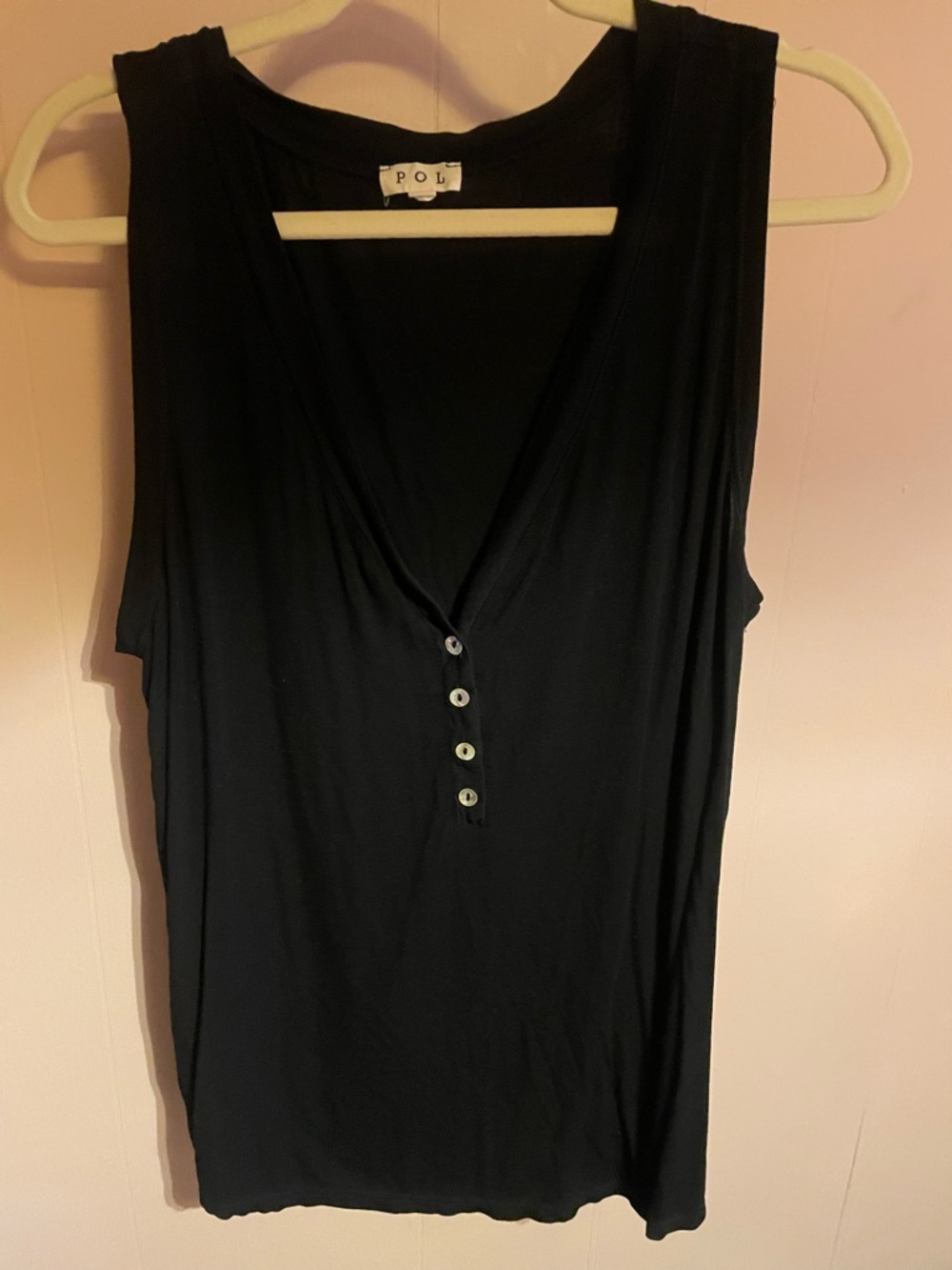 POL Black Sleeveless V-Neck Button Front Tank